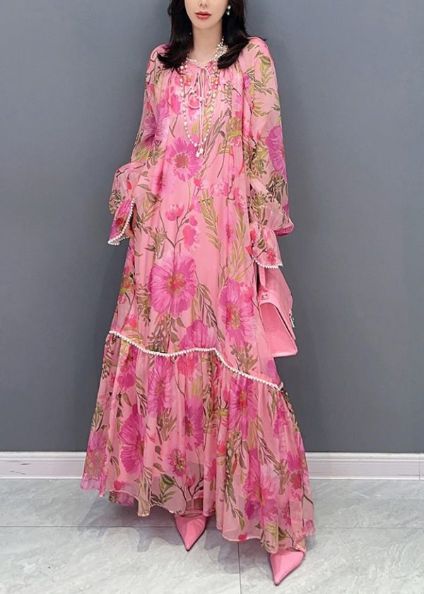 Style Pink Print Patchwork Chiffon Dress Long Sleeve Cheap - Image 2