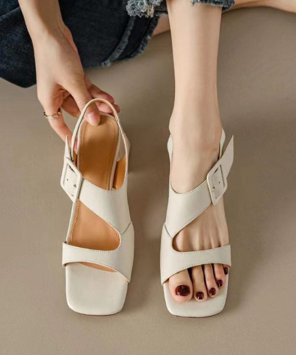 Original Design Brown Cowhide Leather Hollow Out Chunky Heel Sandals Online - Image 2