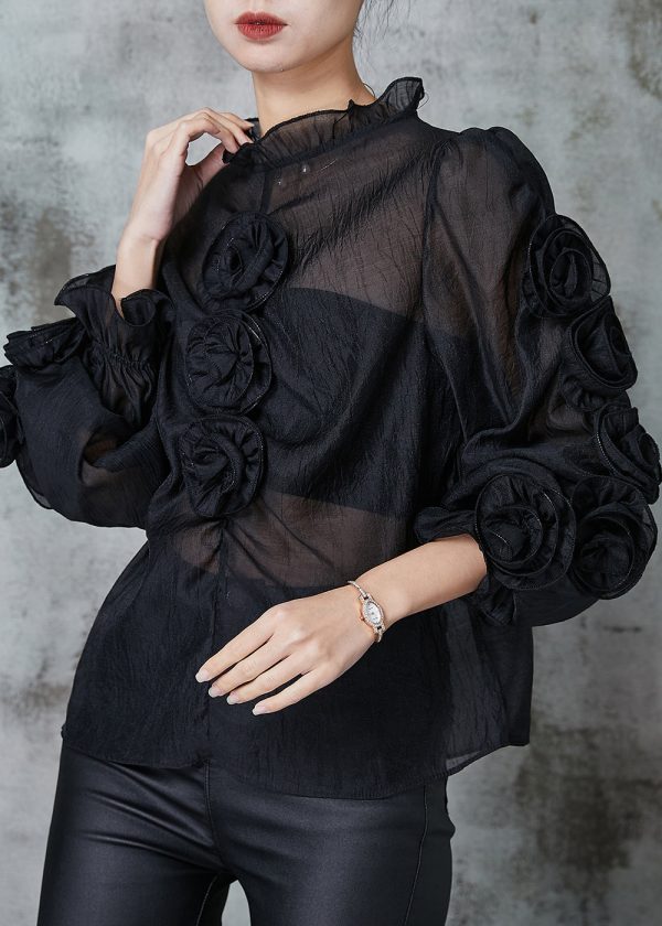 Art Black Ruffled Floral Chiffon Shirt Spring Hot on Sale