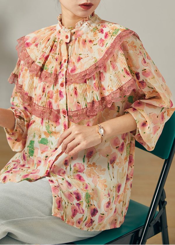 Apricot Print Chiffon Top Double-layer Wrinkled Summer Online now