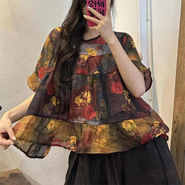 Vintage Navy Blue Print Patchwork Linen Top Summer Cheap - Image 2