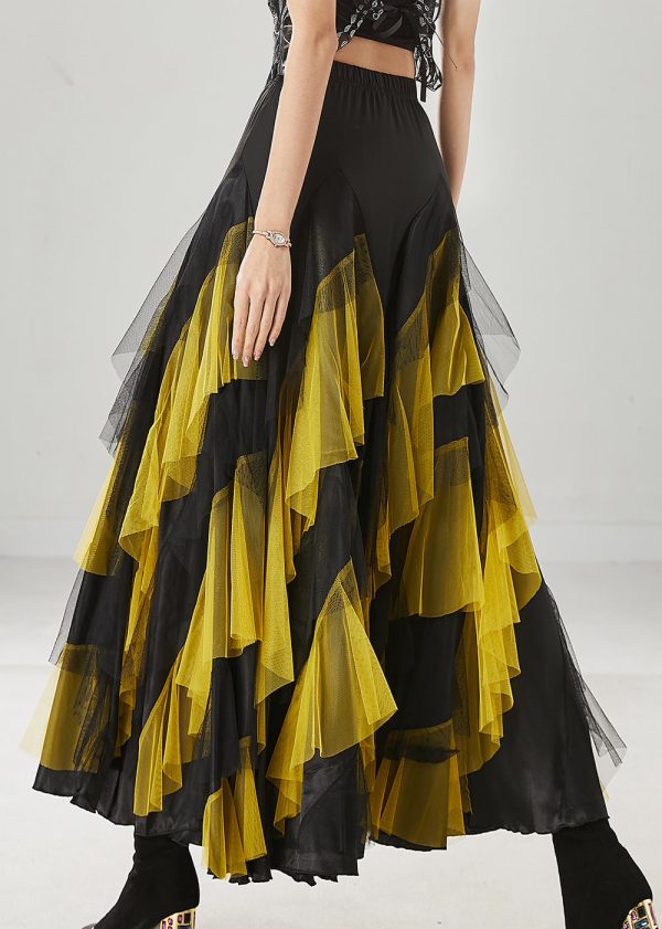 Boho Yellow Ruffled Patchwork Tulle Skirts Spring For Discount - Image 4