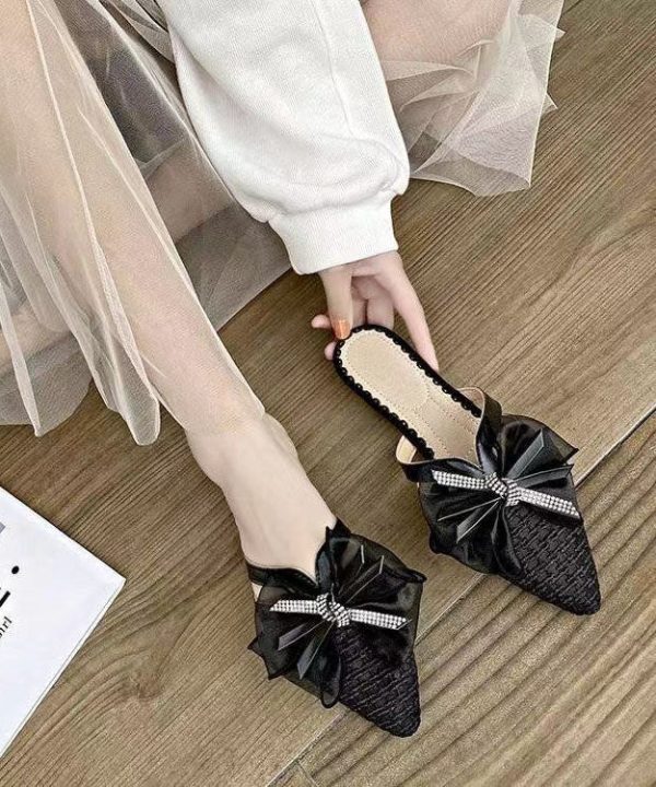Black Breathable Tulle Splicing Slide Sandals Pointed Toe For Discount