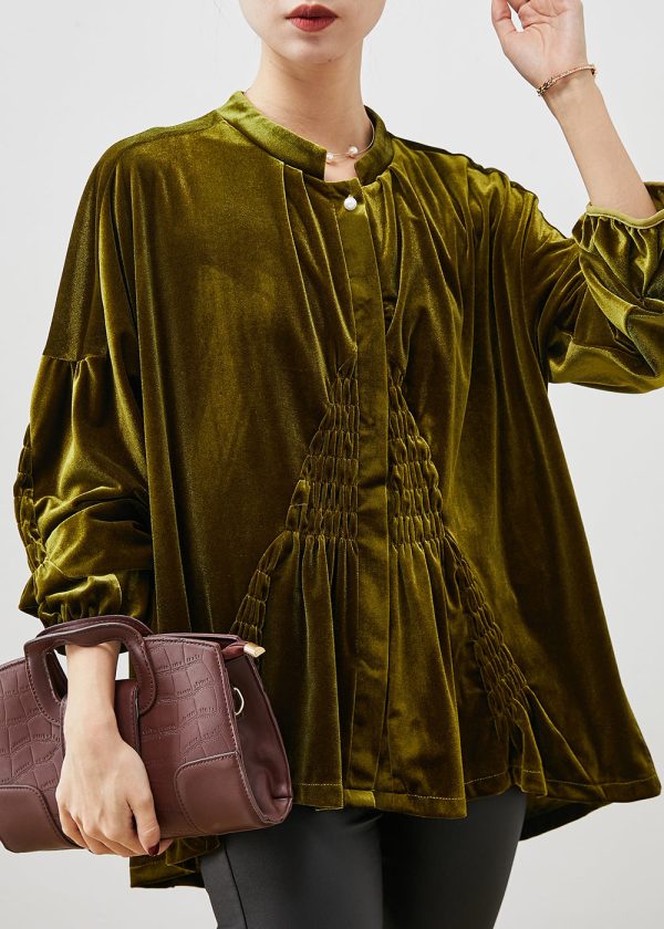Stylish Army Green Oversized Wrinkled Silk Velour Shirt Spring For Discount - Image 2
