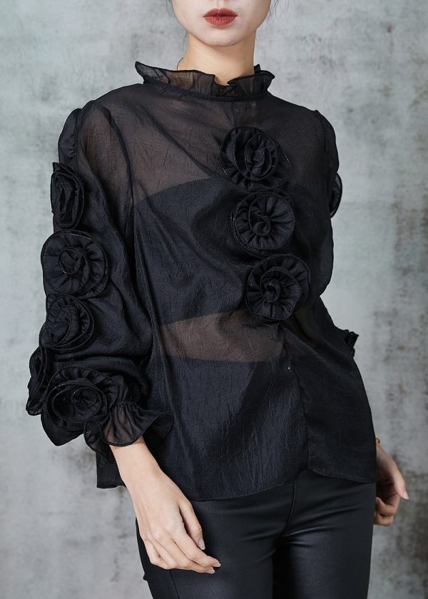 Art Black Ruffled Floral Chiffon Shirt Spring Hot on Sale - Image 3