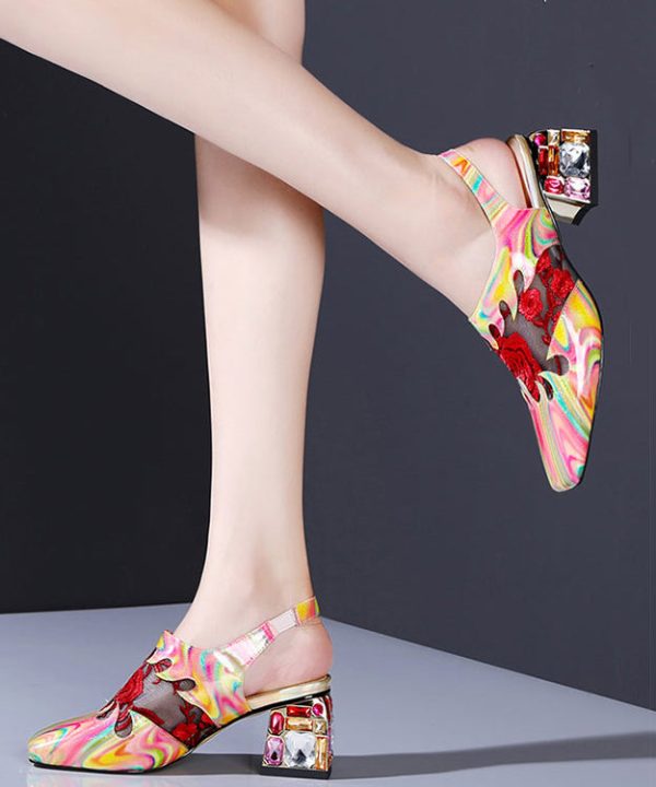 Floral Red Buckle Strap Breathable Mesh Splicing Chunky High Heels Cheap - Image 3