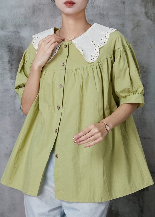 Simple Green Peter Pan Collar Patchwork Cotton Blouse Top Summer For Discount