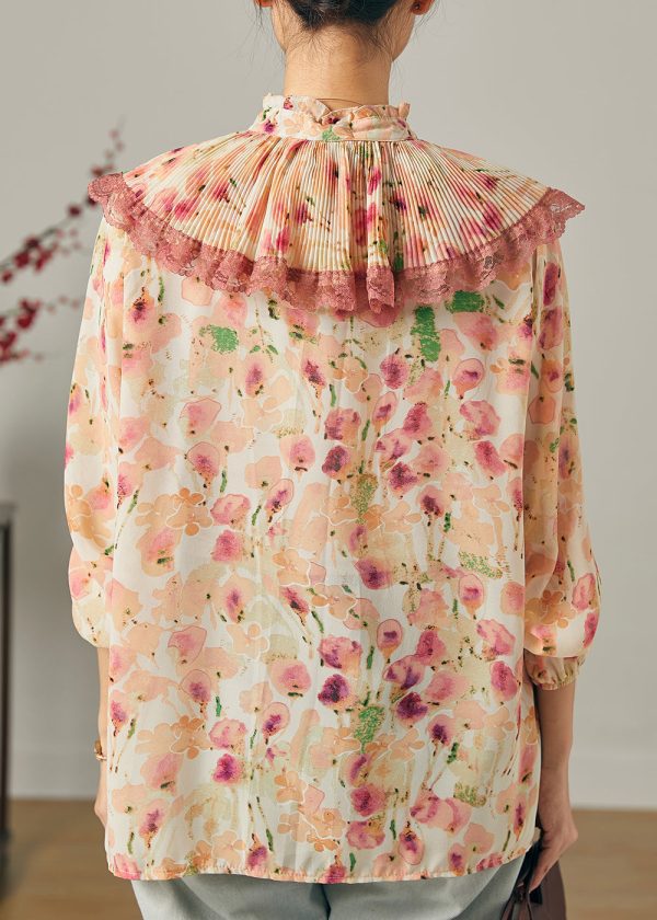 Apricot Print Chiffon Top Double-layer Wrinkled Summer Online now - Image 4