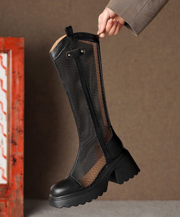 Summer Black Hollow Out Breathable Mesh Splicing Chunky Heel Boots Fashion - Image 5