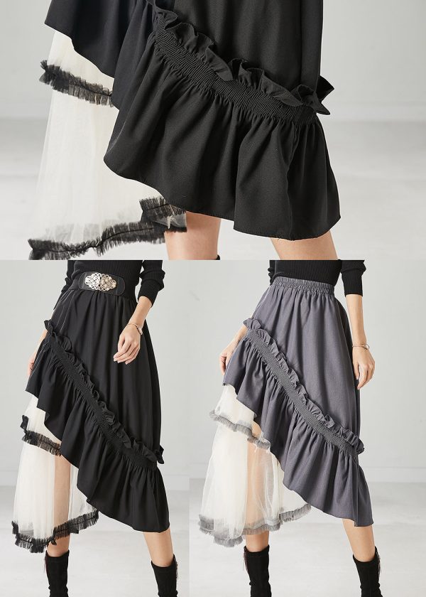 Grey Patchwork Ruffled Cotton Skirt Asymmetrical Spring Hot on Sale - Image 5