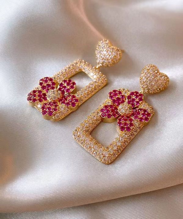 Modern Rose Sterling Silver Overgild Zircon Love Floral Rectangular Shape Drop Earrings Online Hot Sale - Image 5