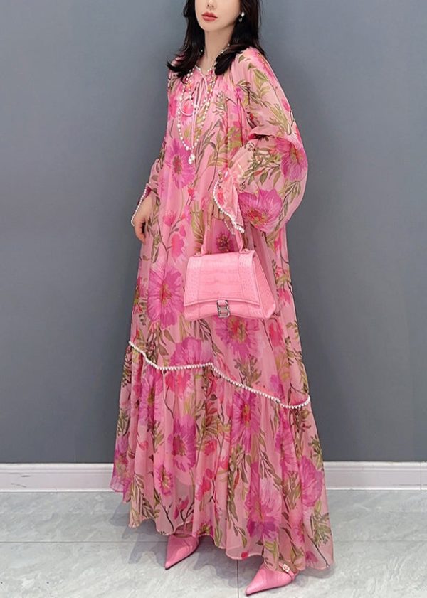 Style Pink Print Patchwork Chiffon Dress Long Sleeve Cheap