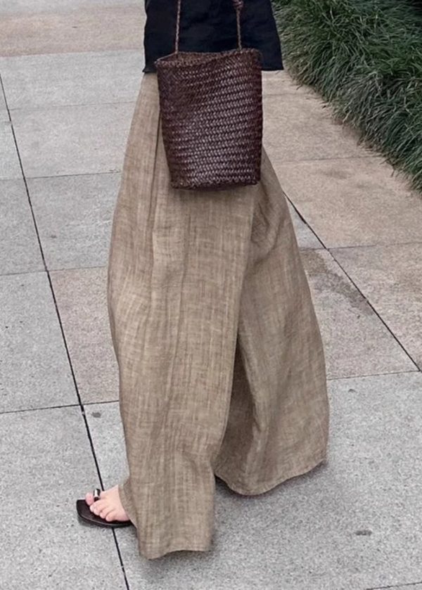 Unique Light Khaki Elastic Waist Wide Leg Pants Summer Supply