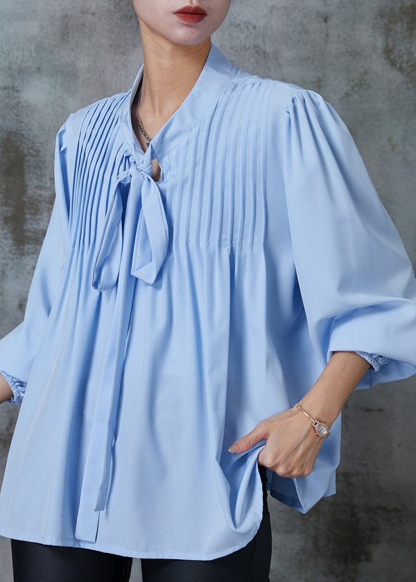 Art Blue Tie Up Wrinkled Cotton Blouse Top Spring Online Sale - Image 2