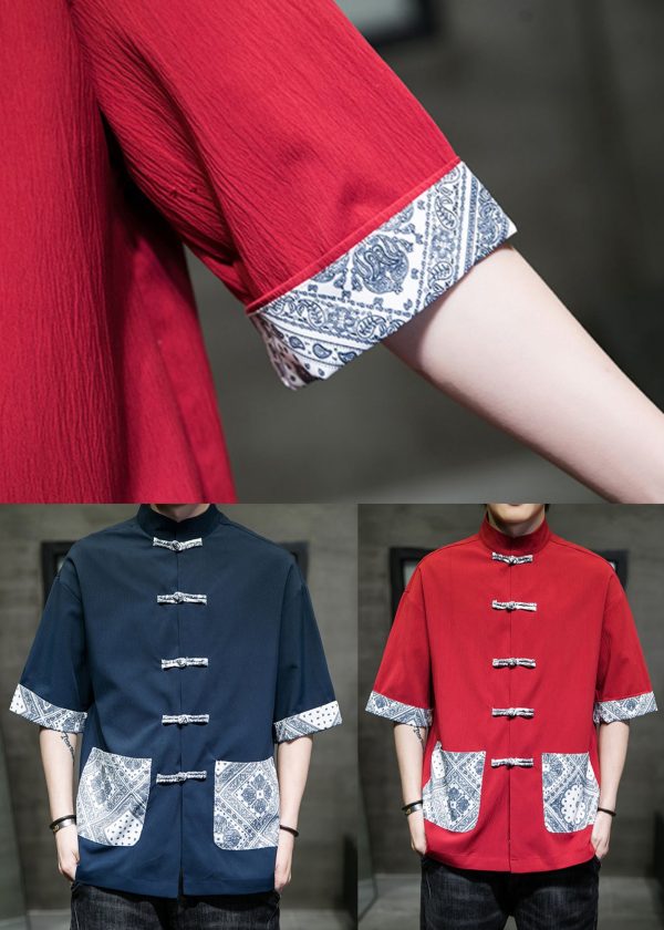 Navy Blue Stand Collar Button Men Shirts Short Sleeve Online now - Image 5