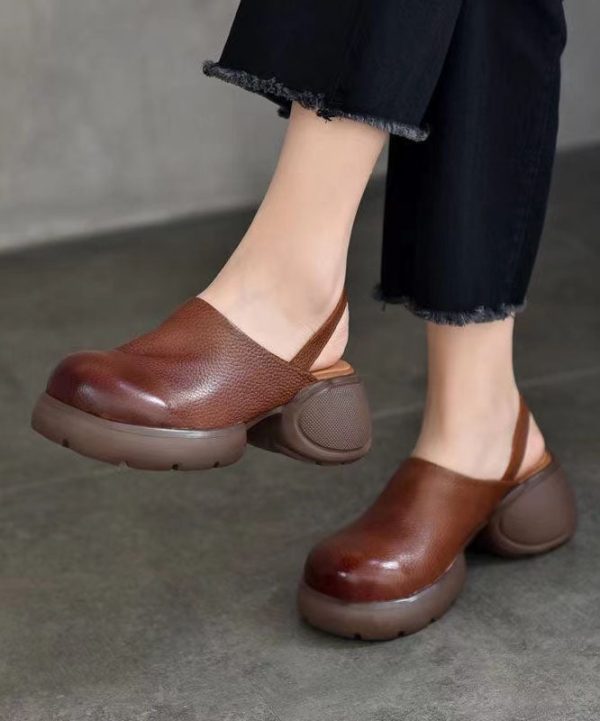 Vintage Splicing Chunky Sandals Brown Cowhide Leather For Sale