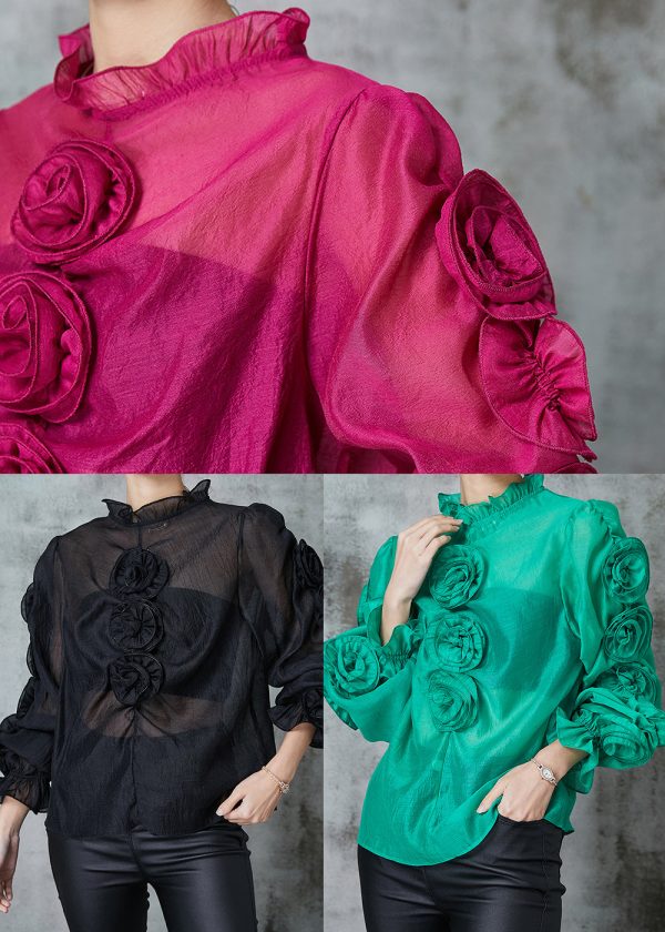 Art Black Ruffled Floral Chiffon Shirt Spring Hot on Sale - Image 5