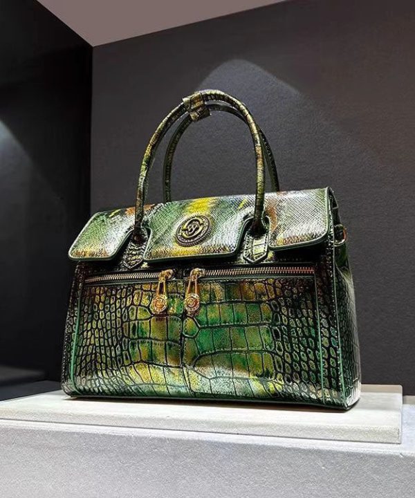 Italian Green Embossed Calf Leather Tote Handbag Hot on Sale - Image 3