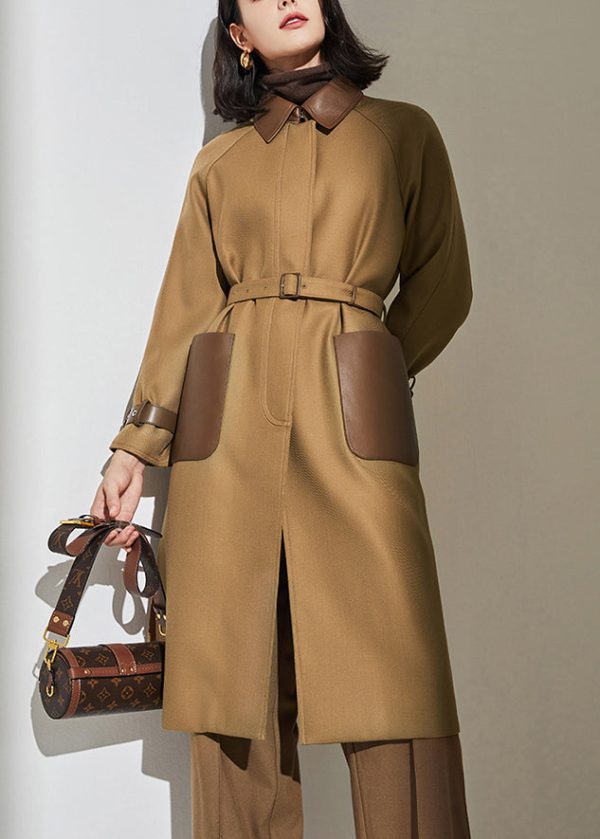 Women Khaki Peter Pan Collar Pockets Patchwork Button Wool Trench Coat Spring Hot on Sale