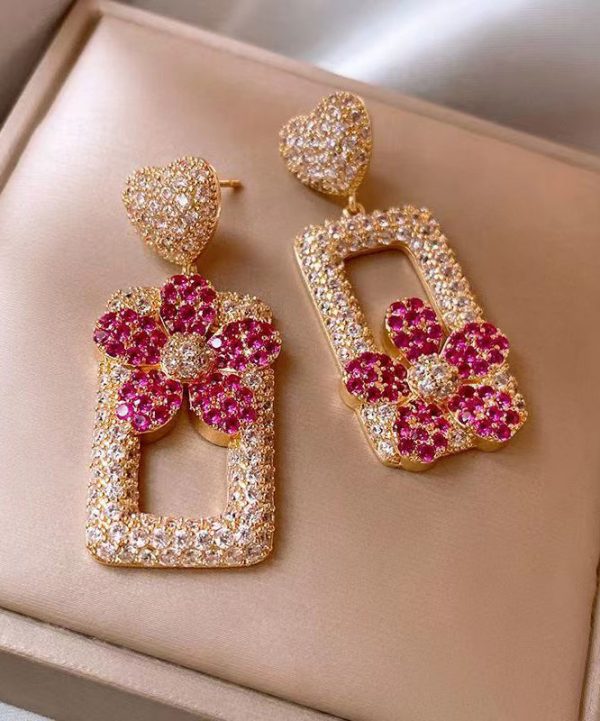 Modern Rose Sterling Silver Overgild Zircon Love Floral Rectangular Shape Drop Earrings Online Hot Sale - Image 4
