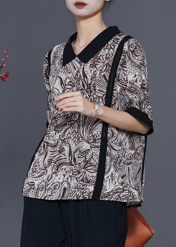 Classy Black Peter Pan Collar Print Chiffon Shirt Top Summer Cheap - Image 3