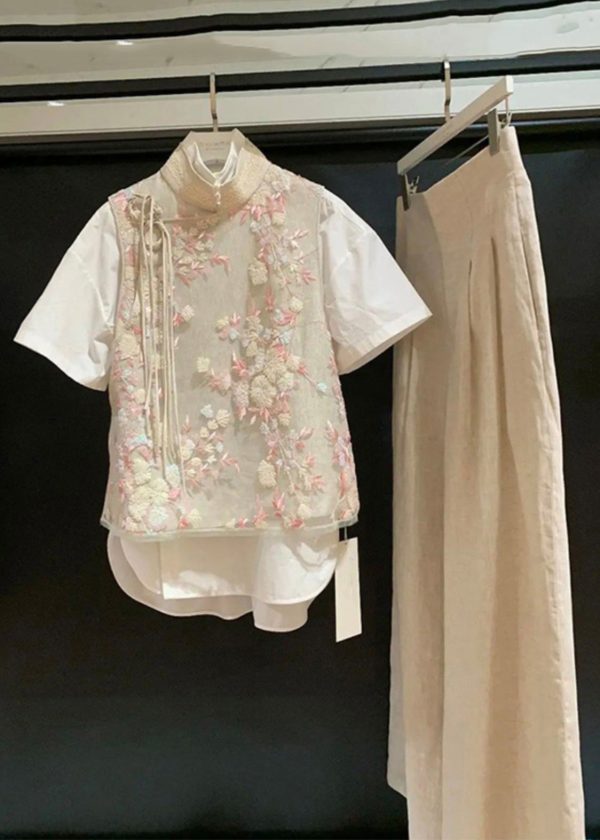 Chinese Style Khaki Embroidered Lace Up Cotton Three Pieces Set Summer Online