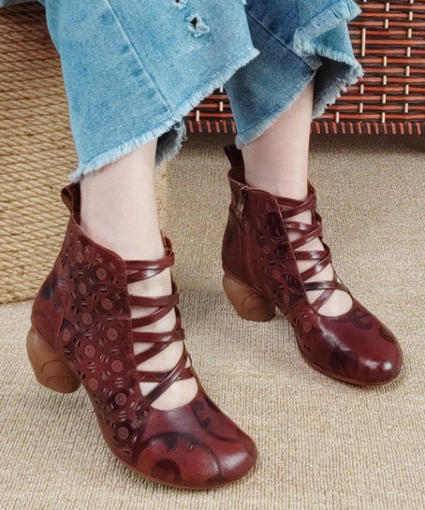 Vintage Brown Zippered Hollow Out Cowhide Leather Chunky Boots Cheap