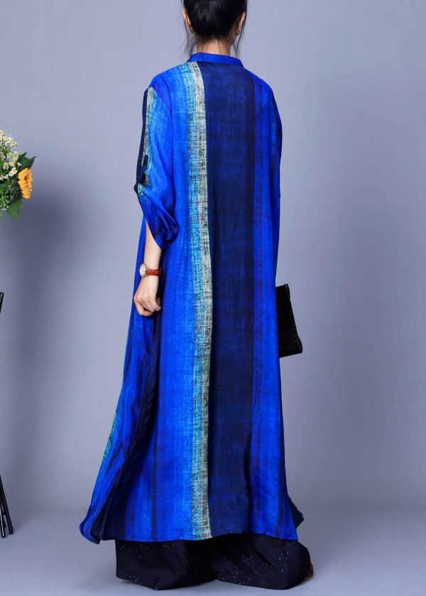 New Blue Button Side Open Patchwork Silk Two Piece Suit Set Spring Online now - Image 5