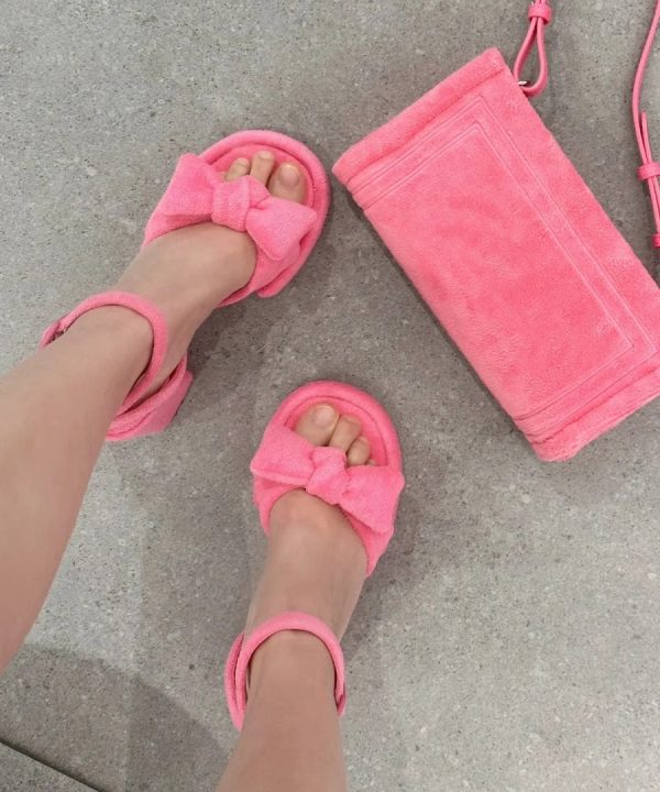 Pink Chunky Heel Chic Bow Buckle Strap Splicing Sandals Fashion - Image 2