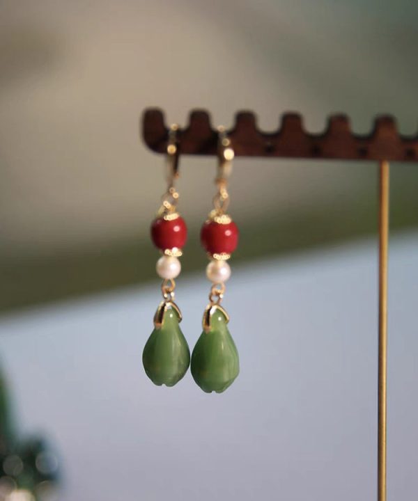 Fine Colorblock Sterling Silver Overgild Jade Orchid Drop Earrings on Sale - Image 5
