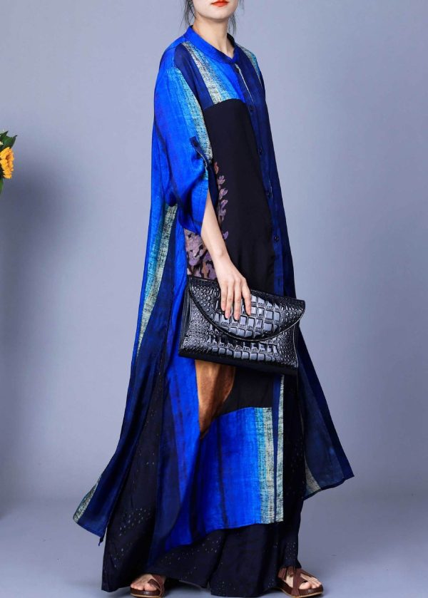 New Blue Button Side Open Patchwork Silk Two Piece Suit Set Spring Online now - Image 3