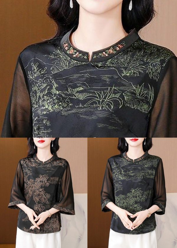 Elegant Green Stand Collar Print Silk Top Half Sleeve Discount - Image 5