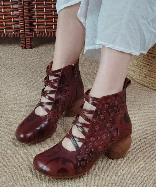 Vintage Brown Zippered Hollow Out Cowhide Leather Chunky Boots Cheap - Image 5