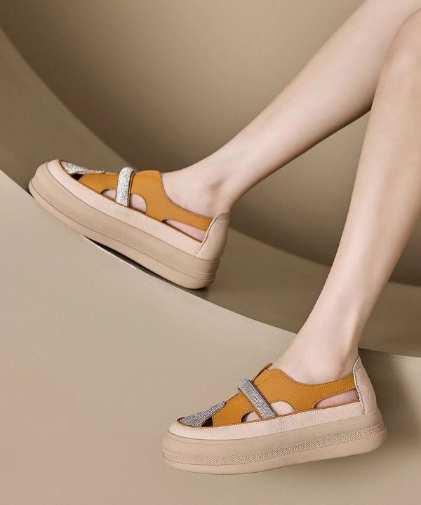 Casual Zircon Splicing Hollow Out Platform Walking Sandals Yellow For Cheap - Image 3