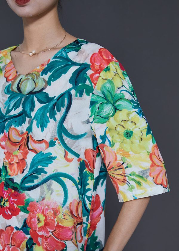 French V Neck Floral Print Silk Dress Half Sleeve Hot on Sale - Image 5