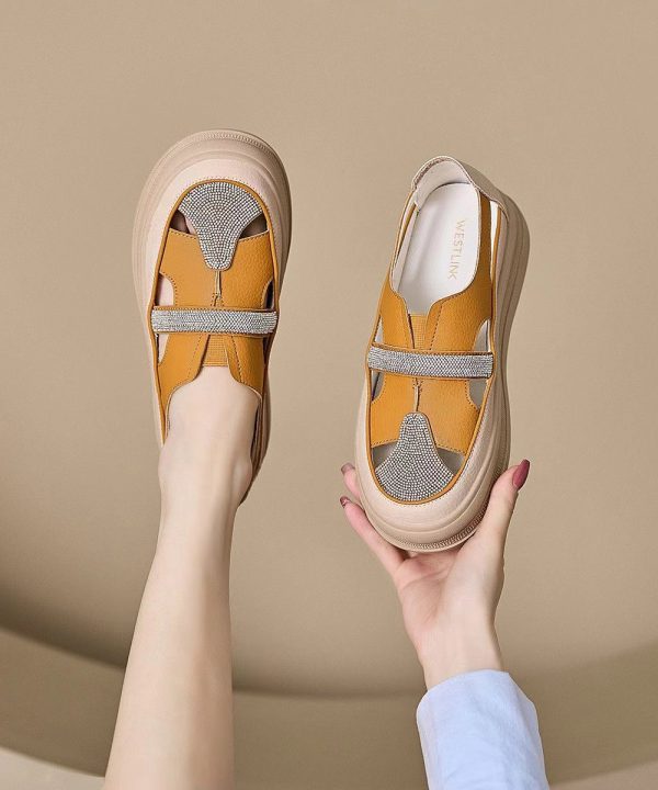 Casual Zircon Splicing Hollow Out Platform Walking Sandals Yellow For Cheap