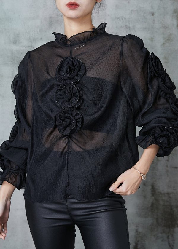 Art Black Ruffled Floral Chiffon Shirt Spring Hot on Sale - Image 2