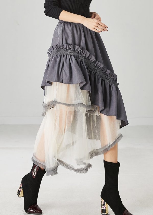 Grey Patchwork Ruffled Cotton Skirt Asymmetrical Spring Hot on Sale - Image 3