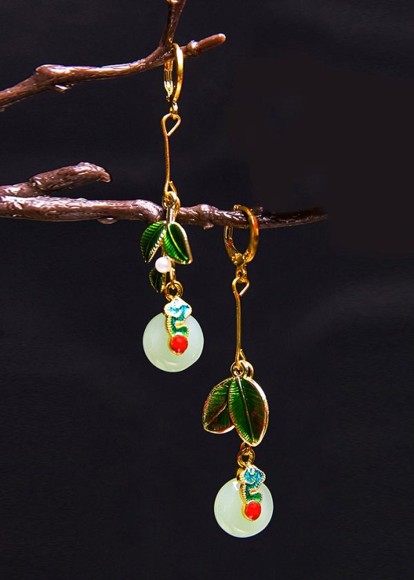 Elegant Metal Green Leaf Circular Jade Drop Earrings Fashion - Image 3