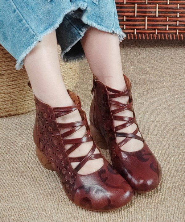 Vintage Brown Zippered Hollow Out Cowhide Leather Chunky Boots Cheap - Image 2