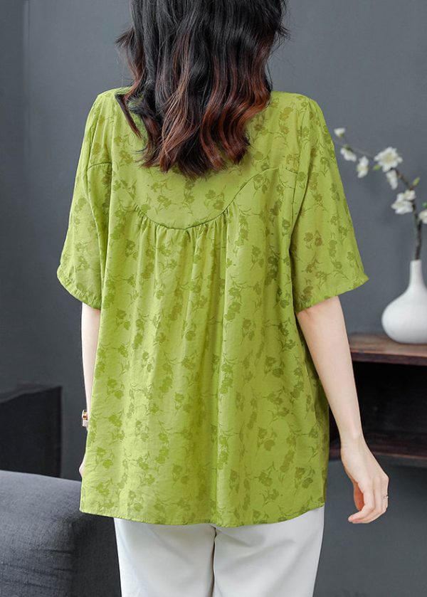 Natural Green Print Asymmetrical Patchwork Linen Blouses Summer Fashion - Image 4