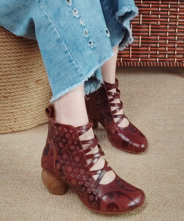 Vintage Brown Zippered Hollow Out Cowhide Leather Chunky Boots Cheap - Image 4