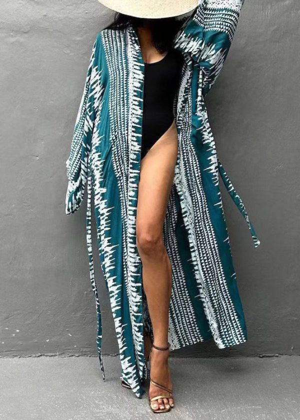 Natural Blue Tie Dye Tie Waist Seabeach Rash Long Smock Long Sleeve Online Hot Sale - Image 4