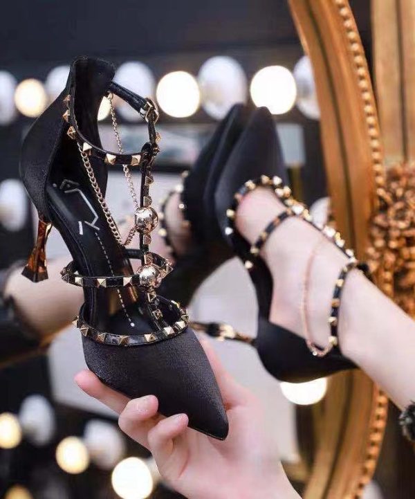 Beautiful Mulberry Pointed Toe Hollow Out Rivet High Heel Sandals on Sale - Image 2