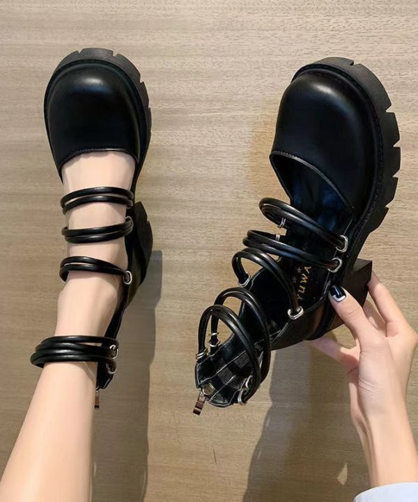 Comfy Chunky Heel Sandals Black Hollow Out Faux Leather For Sale