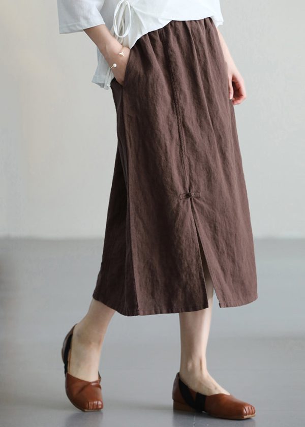 Casual Versatile Coffee Chinese Button Linen Skirt Summer Cheap