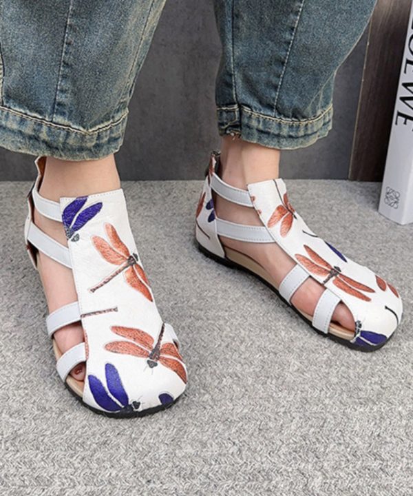 Handmade Green Cowhide Leather Embossed Hollow Out Splicing Sandals Fashion - Image 3