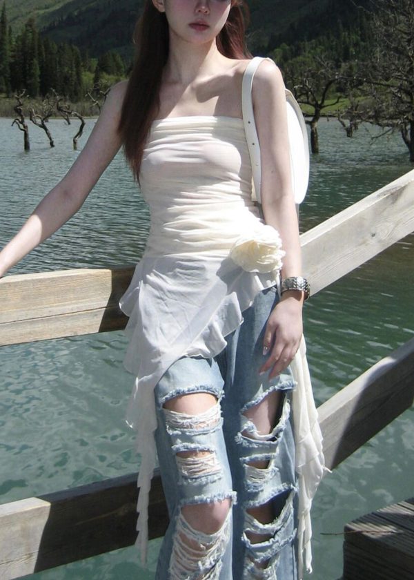 New White Asymmetrical Strapless Tulle Mid Dress Sleeveless Online - Image 4