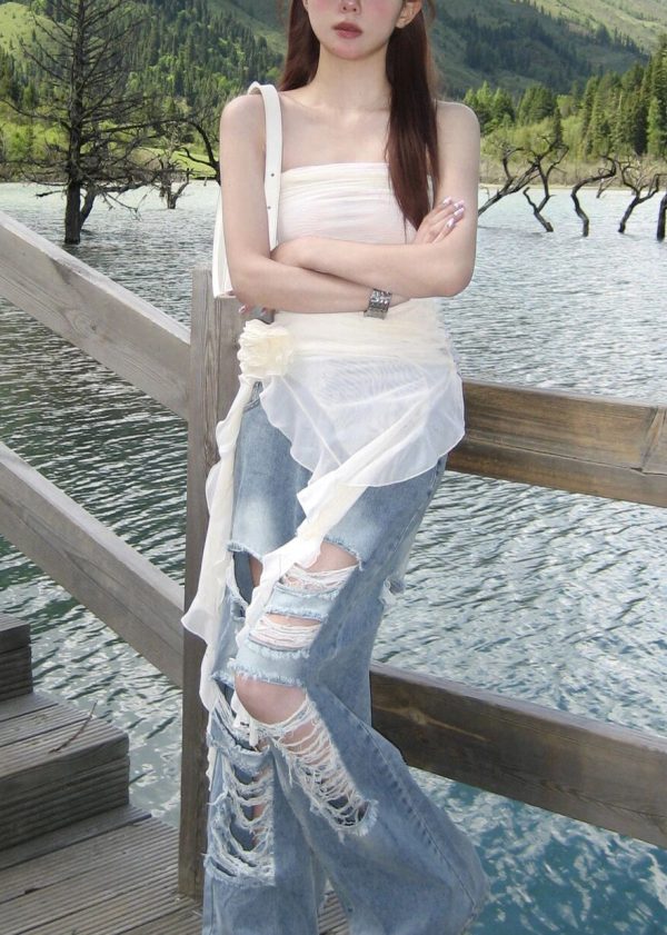 New White Asymmetrical Strapless Tulle Mid Dress Sleeveless Online - Image 5