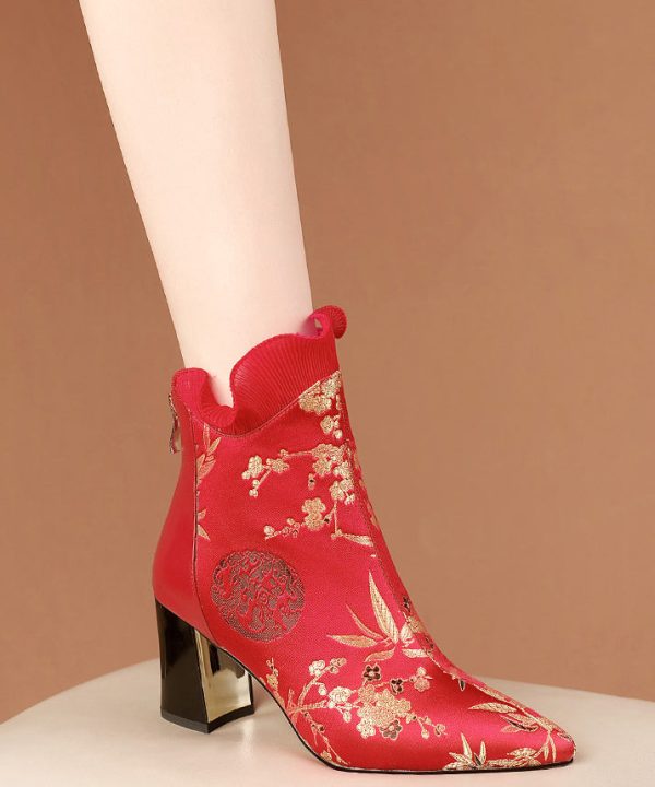 Red Zippered Cowhide Leather Embroidered Chunky Boots Supply - Image 5